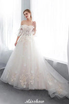 Off-the-shoulder Aline Ball Gown Floor Length Appliques Tulle Wedding Dress