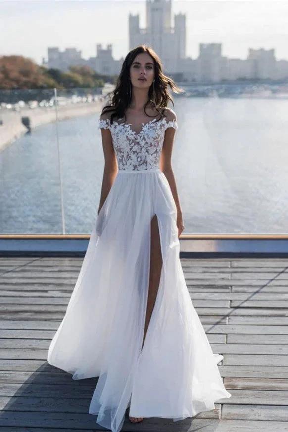Off The Shoulder Appliques A-line Wedding Dresses | Side Split Tulle Bridal Gowns