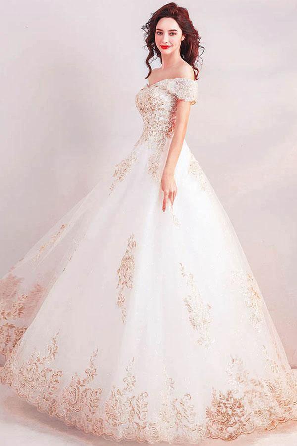 Off the Shoulder Ball Gown Long Wedding Dress with Gold Appliques  WD368