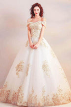 Off the Shoulder Ball Gown Long Wedding Dress with Gold Appliques  WD368