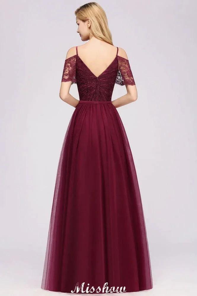Off the Shoulder Burgundy Aline Bridesmaid Dress Floor Length Tulle Evening Maxi Gown