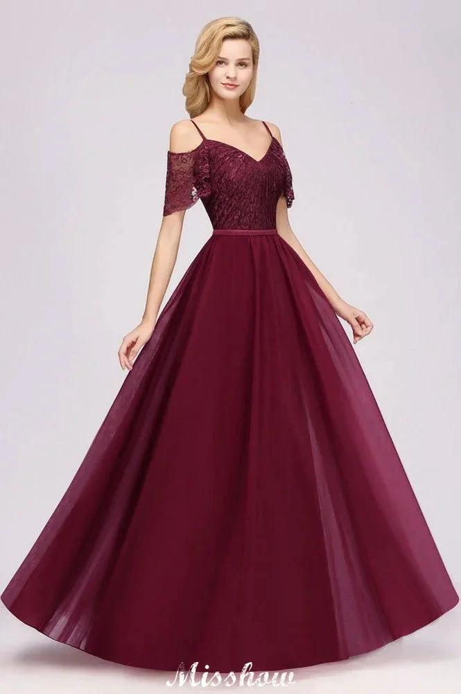 Off the Shoulder Burgundy Aline Bridesmaid Dress Floor Length Tulle Evening Maxi Gown