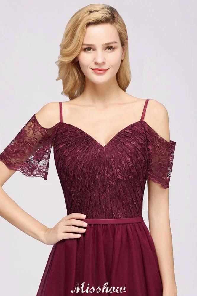 Off the Shoulder Burgundy Aline Bridesmaid Dress Floor Length Tulle Evening Maxi Gown