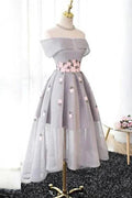 Off-the-Shoulder High Low Grey Tulle Homecoming Dress With Appliques   PD243