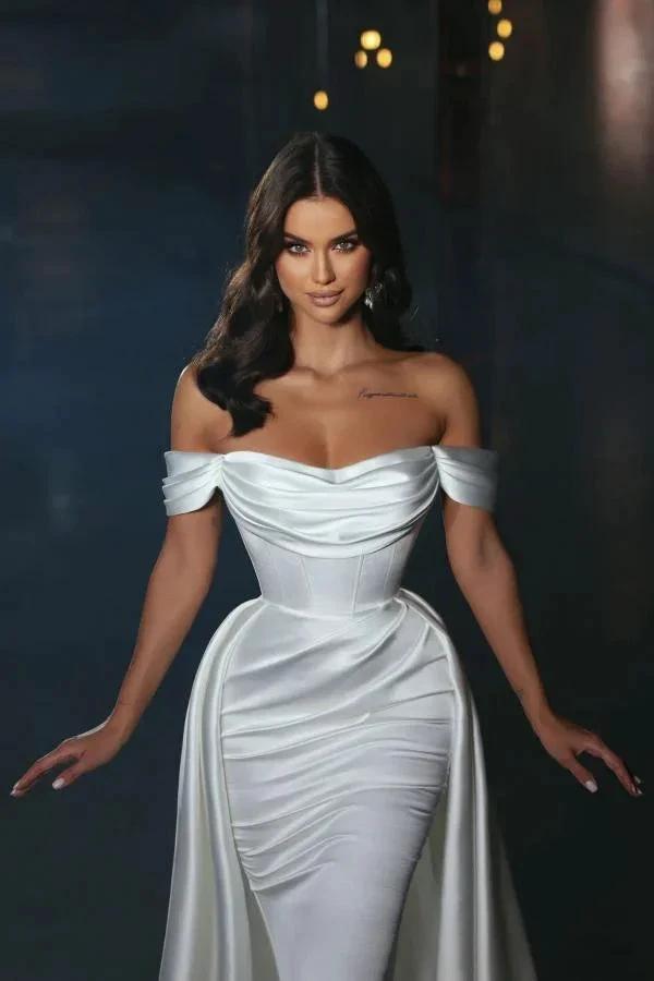 White Long Off-the-Shoulder Satin Mermaid Wedding Dress