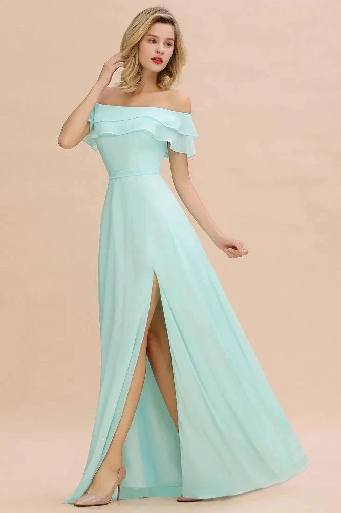 Off the Shoulder Mini-Green Front Slit Bridesmaid Dress Aline Beach Wedding Dress