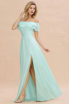 Off the Shoulder Mini-Green Front Slit Bridesmaid Dress Aline Beach Wedding Dress
