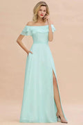 Off the Shoulder Mini-Green Front Slit Bridesmaid Dress Aline Beach Wedding Dress
