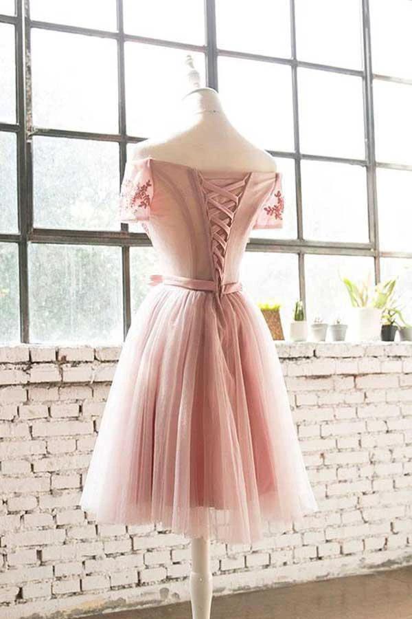 Off The Shoulder Pink Lace Tulle Short Prom Dress Homecoming Dress PD200