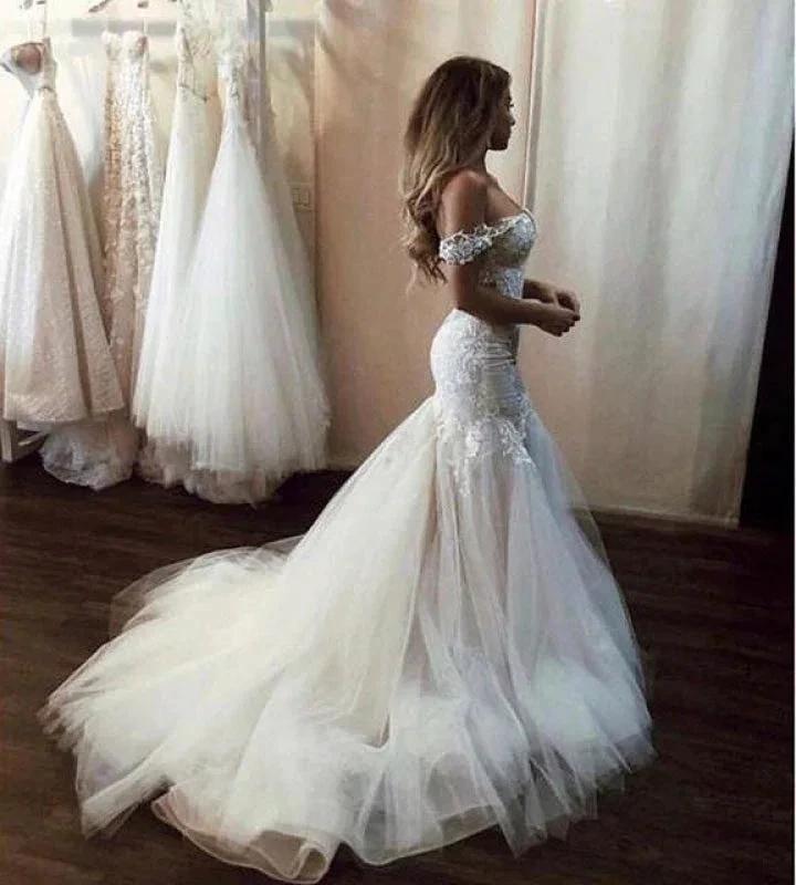 Off the Shoulder Pretty Mermaid Lace Long Tulle Elegant Wedding Dresses