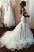 Off the Shoulder Pretty Mermaid Lace Long Tulle Elegant Wedding Dresses