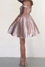 Off the Shoulder Satin Beaded Homecoming Dresses with Pocket PD167