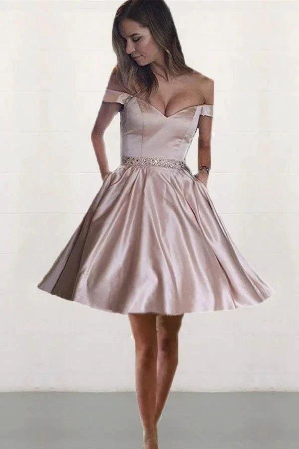 Off the Shoulder Satin Beaded Homecoming Dresses with Pocket PD167