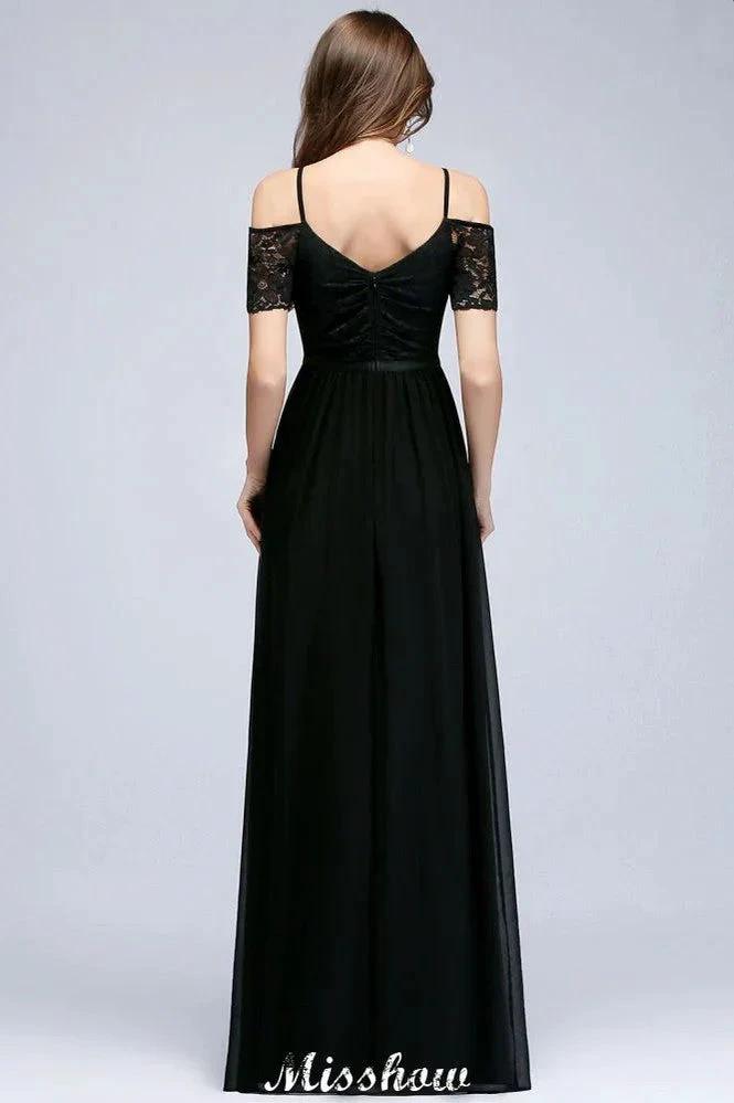 Off-the-shoulder Sleeveless Floor-Length A-line Bridesmaid Dresses Chiffon Lace V-Neck Prom Dress