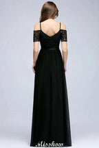 Off-the-shoulder Sleeveless Floor-Length A-line Bridesmaid Dresses Chiffon Lace V-Neck Prom Dress