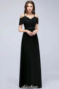 Off-the-shoulder Sleeveless Floor-Length A-line Bridesmaid Dresses Chiffon Lace V-Neck Prom Dress