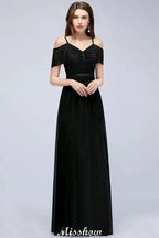 Off-the-shoulder Sleeveless Floor-Length A-line Bridesmaid Dresses Chiffon Lace V-Neck Prom Dress