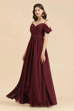 Off-the-Shoulder Sweetheart Burgundy Long Bridesmaid Dress With Slit