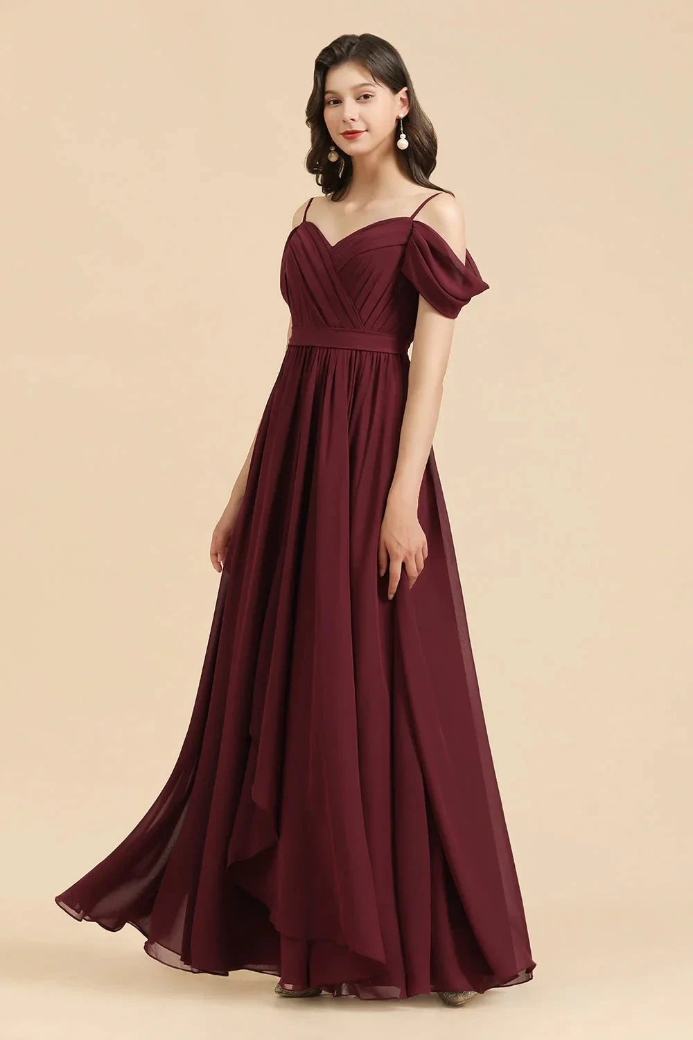 Off-the-Shoulder Sweetheart Burgundy Long Bridesmaid Dress With Slit