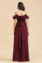 Off-the-Shoulder Sweetheart Burgundy Long Bridesmaid Dress With Slit