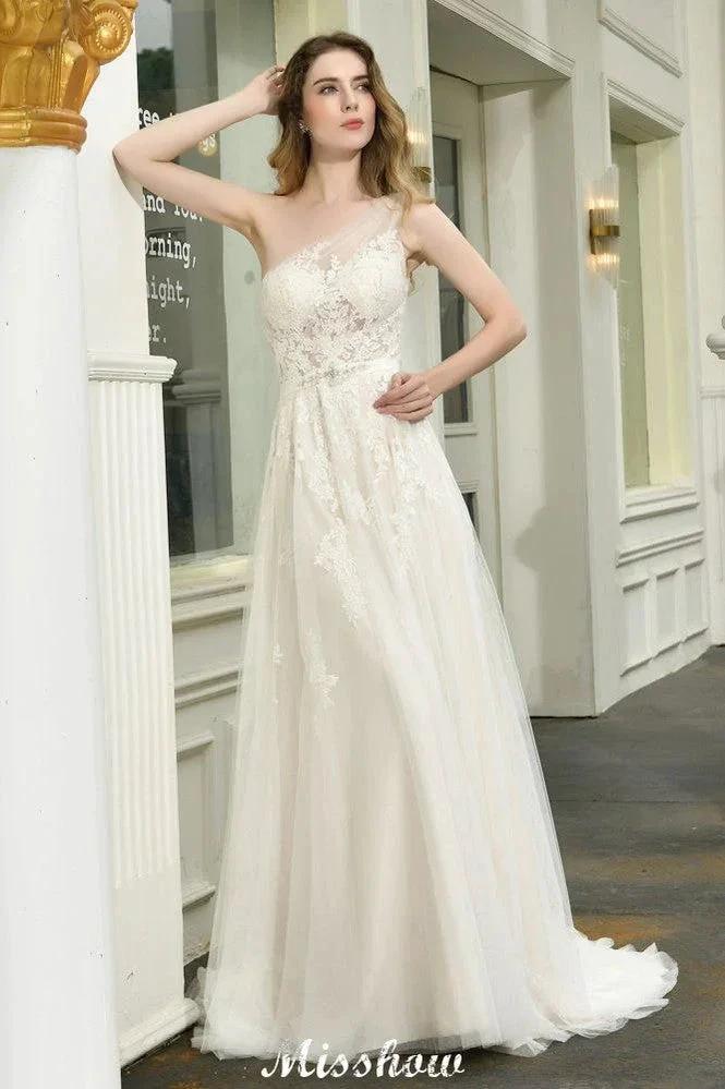 One Shoulder Aline Tulle Wedding Dress Sleeveless Spring Beach Bridal Gown