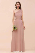 One Shoulder Chiffon Bridesmaid Dress Dusty Pink Wedding Guest Dress for Bride
