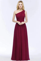 One-shoulder Floor Length Burgundy Ruffled Chiffon A-line Bridesmaid Dresses