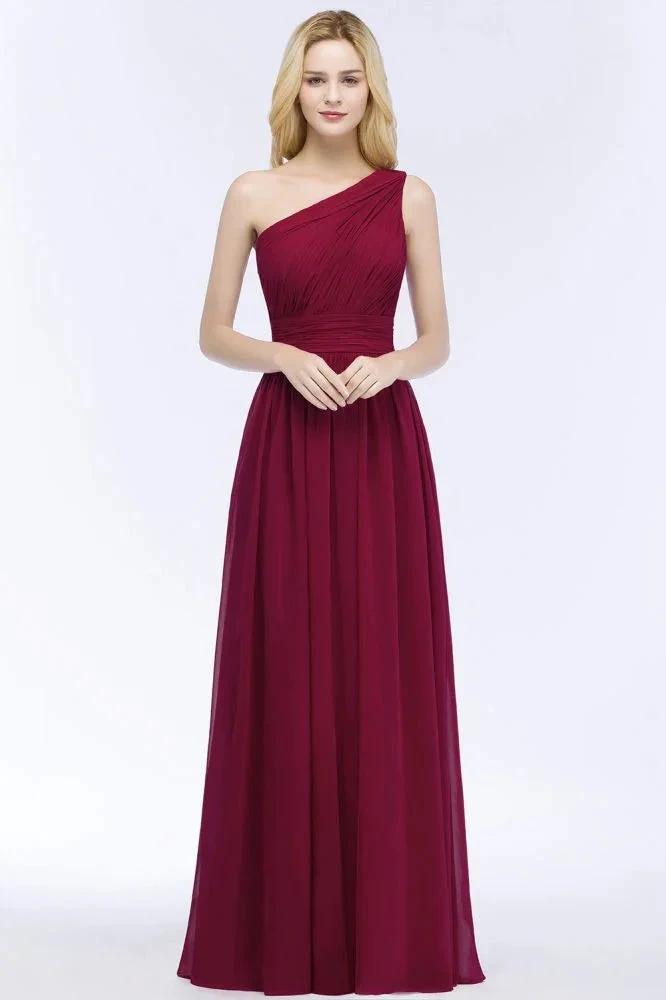 One-shoulder Floor Length Burgundy Ruffled Chiffon A-line Bridesmaid Dresses