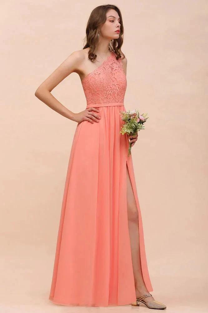 One Shoulder Floral Bridesmaid Dress Side Split Formal Wedding Guest Dress with Pocket