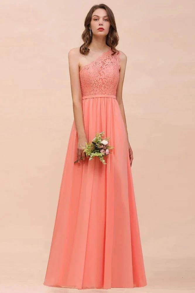 One Shoulder Floral Bridesmaid Dress Side Split Formal Wedding Guest Dress with Pocket