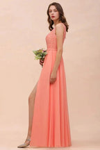 One Shoulder Floral Bridesmaid Dress Side Split Formal Wedding Guest Dress with Pocket