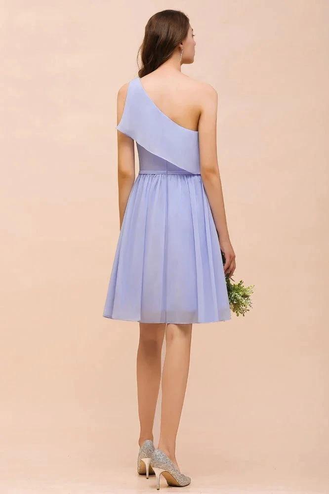 One Shoulder Lavender Mini Bridesmaid Dress Chiffon Knee Length Simple Daily Dress