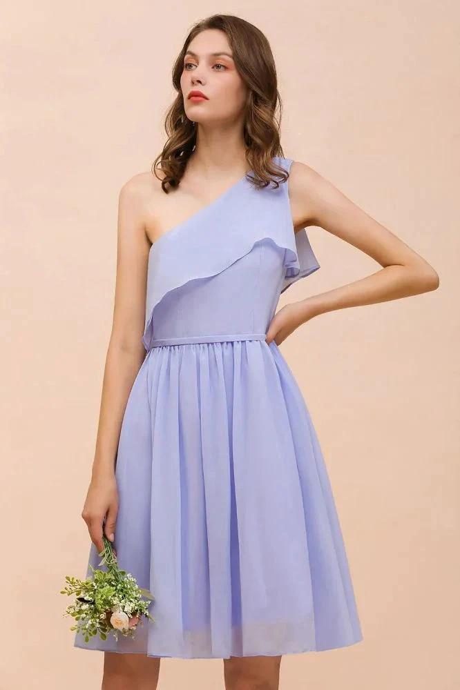 One Shoulder Lavender Mini Bridesmaid Dress Chiffon Knee Length Simple Daily Dress