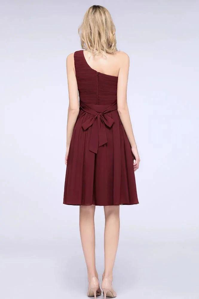 One-Shoulder Sleeveless Knee-Length Bridesmaid Dress with Ruffles Formal Party Dress