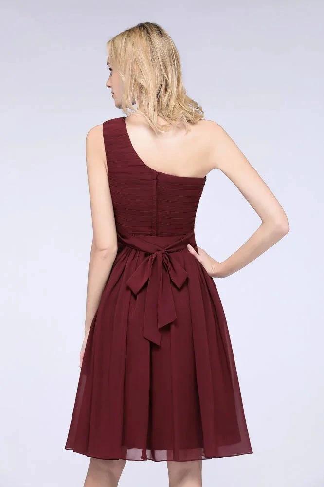 One-Shoulder Sleeveless Knee-Length Bridesmaid Dress with Ruffles Formal Party Dress