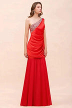 One Shoulder Strech Satin Red Ruffle Bridesmaid Dress Floor Length/Mini Party Dress