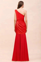 One Shoulder Strech Satin Red Ruffle Bridesmaid Dress Floor Length/Mini Party Dress
