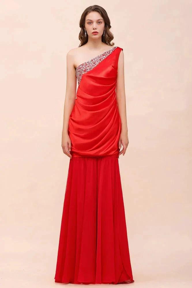 One Shoulder Strech Satin Red Ruffle Bridesmaid Dress Floor Length/Mini Party Dress