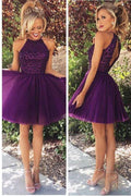 Open Back Halter Purple Beaded Homecoming Cocktail Dresses PG020