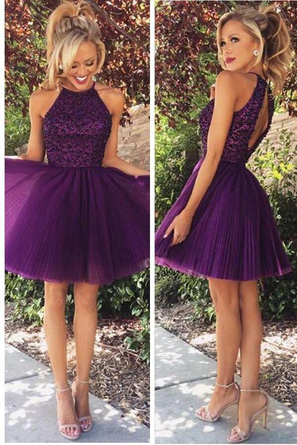 Open Back Halter Purple Beaded Homecoming Cocktail Dresses PG020