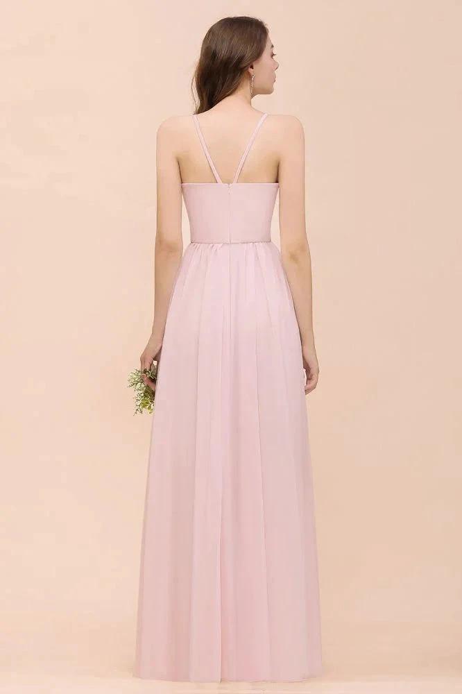 Pink Girls Bridesmaid Dress Halter Floor Length Chiffon Beach Wedding Party Dress