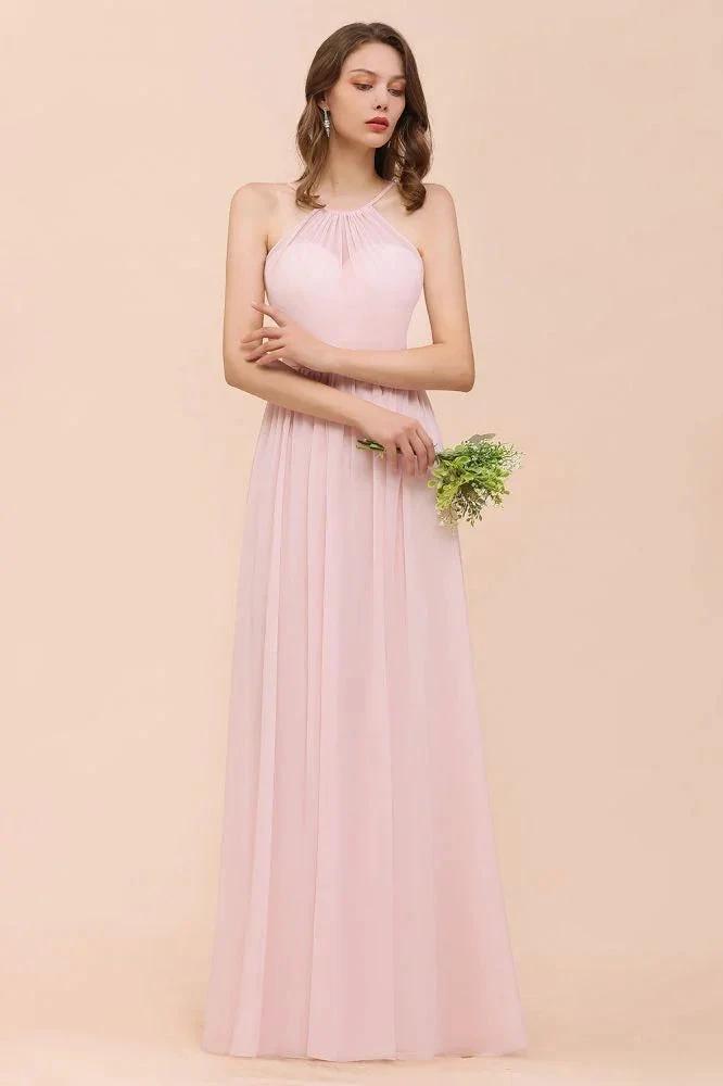 Pink Girls Bridesmaid Dress Halter Floor Length Chiffon Beach Wedding Party Dress