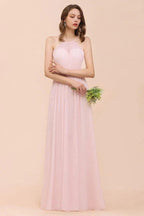 Pink Girls Bridesmaid Dress Halter Floor Length Chiffon Beach Wedding Party Dress