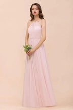 Pink Girls Bridesmaid Dress Halter Floor Length Chiffon Beach Wedding Party Dress