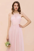 Pink Girls Bridesmaid Dress Halter Floor Length Chiffon Beach Wedding Party Dress
