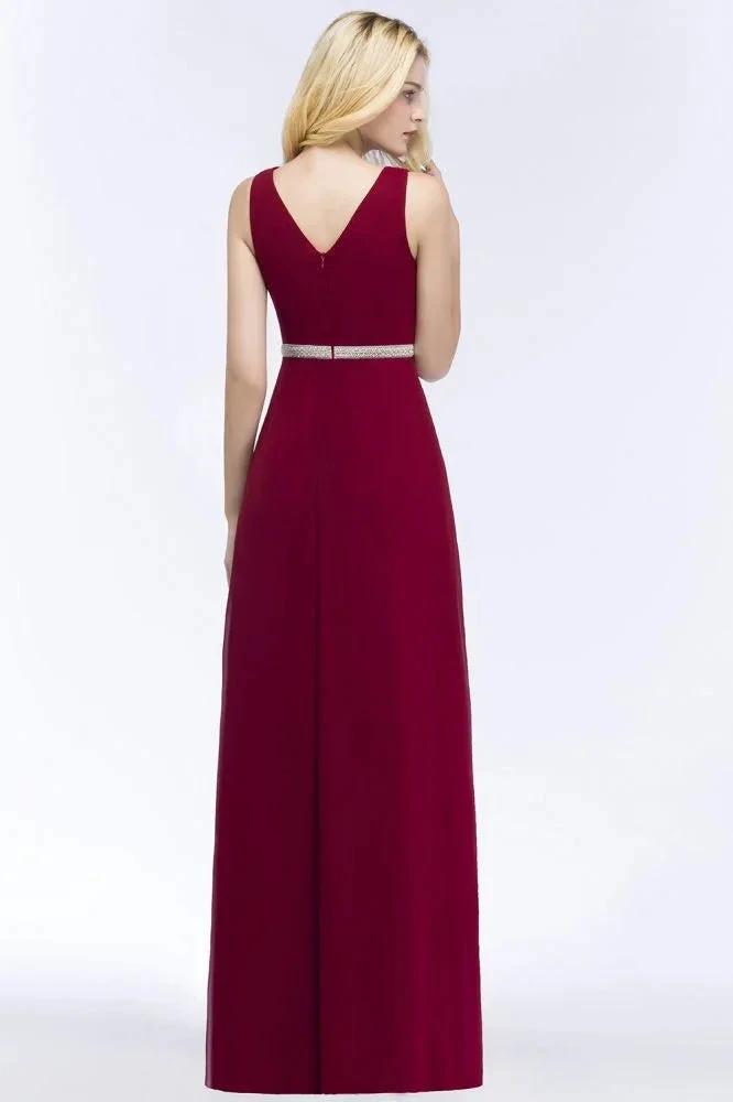 Plus Size A-line V-neck Long Sleeveless Ruffled Chiffon Bridesmaid Dresses with Beading Sash