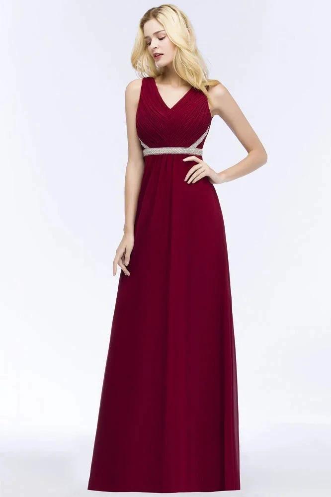 Plus Size A-line V-neck Long Sleeveless Ruffled Chiffon Bridesmaid Dresses with Beading Sash