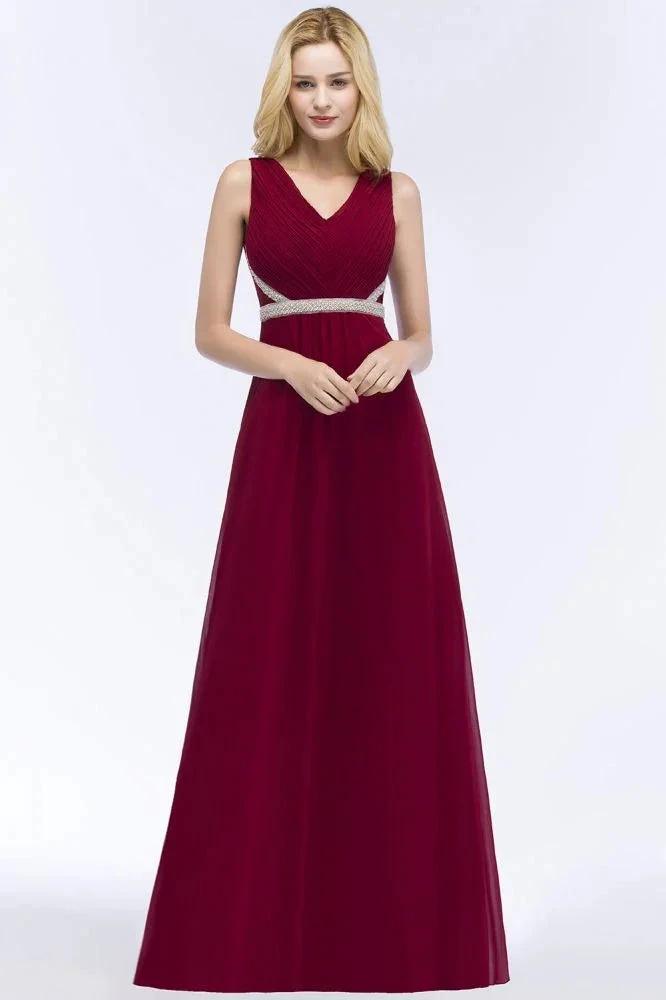 Plus Size A-line V-neck Long Sleeveless Ruffled Chiffon Bridesmaid Dresses with Beading Sash
