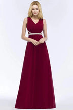 Plus Size A-line V-neck Long Sleeveless Ruffled Chiffon Bridesmaid Dresses with Beading Sash