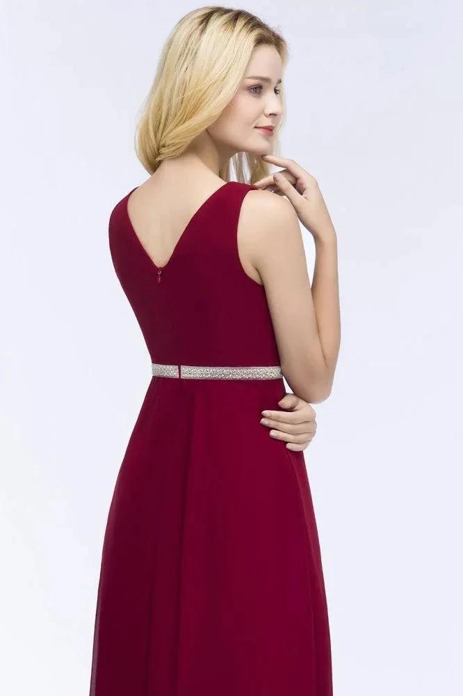 Plus Size A-line V-neck Long Sleeveless Ruffled Chiffon Bridesmaid Dresses with Beading Sash